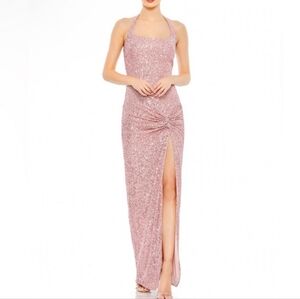 NEW Ieena for Mac Duggal SEQUINED HALTER STRAP LOW SIDE KNOT GOWN Rose Pink Sz 8